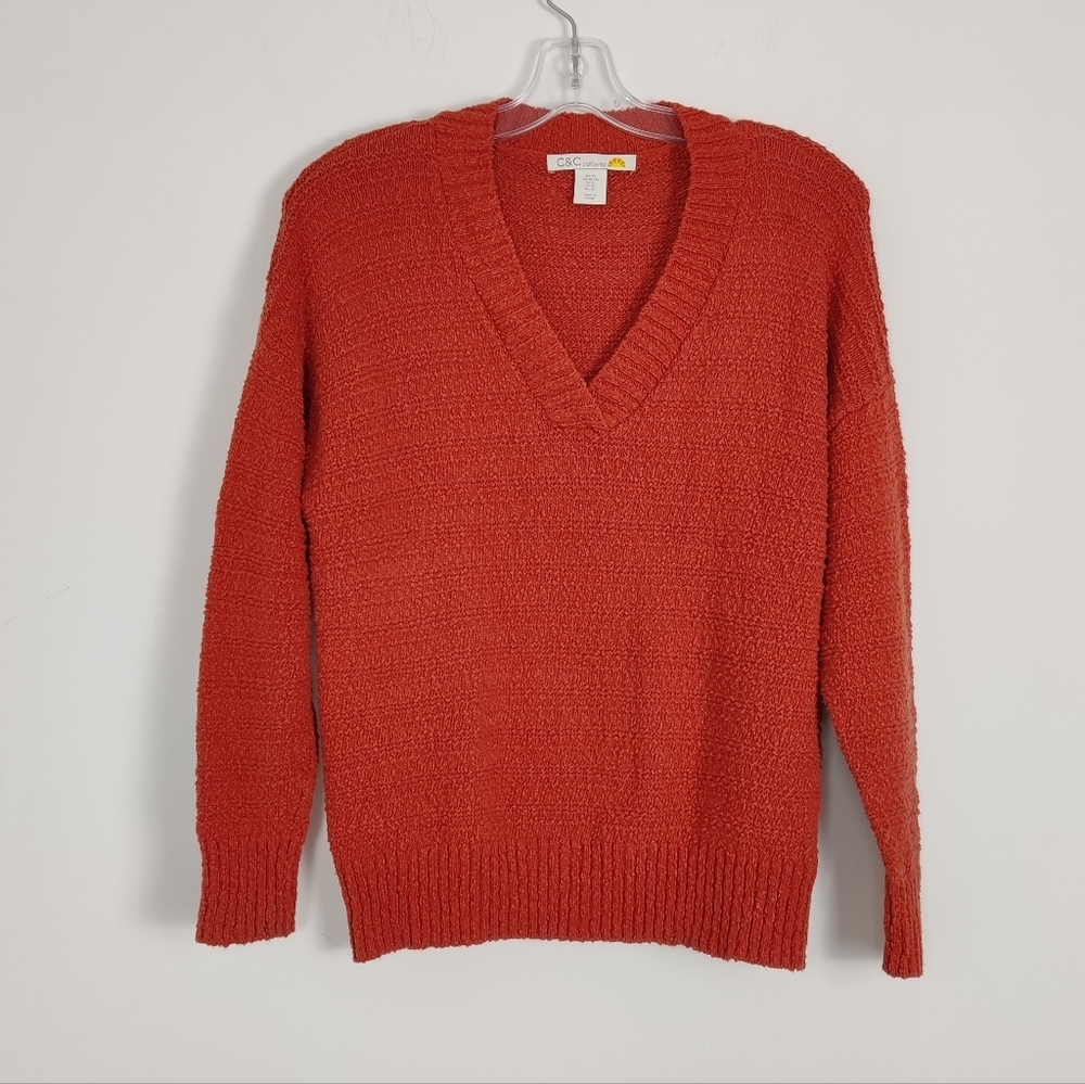 C&C California Women's 100% Cotton V-Neck Sweater in Orange Size XL Beach